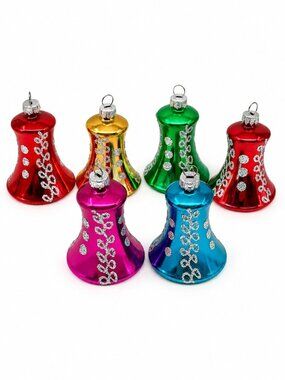 6 Vintage Christmas Glass Bell Ornaments Stenciled 2.5" West Germany Silver